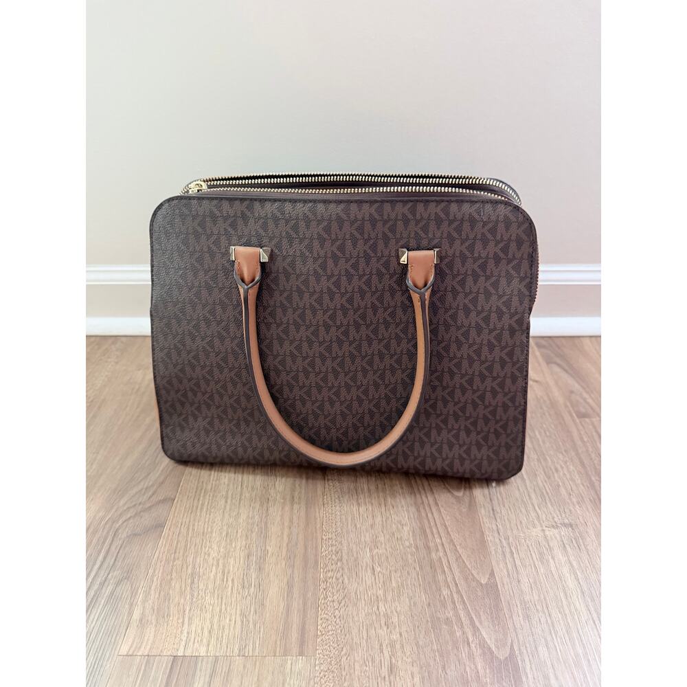 Michael Kors Medium Signature Logo Dome Top Brown MK Logo Satchel Purse - Picture 5 of 7